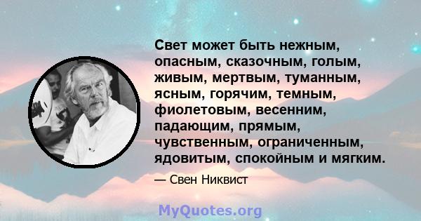 Свет может быть нежным, опасным, сказочным, голым, живым, мертвым, туманным, ясным, горячим, темным, фиолетовым, весенним, падающим, прямым, чувственным, ограниченным, ядовитым, спокойным и мягким.