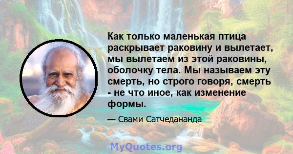 Как только маленькая птица раскрывает раковину и вылетает, мы вылетаем из этой раковины, оболочку тела. Мы называем эту смерть, но строго говоря, смерть - не что иное, как изменение формы.