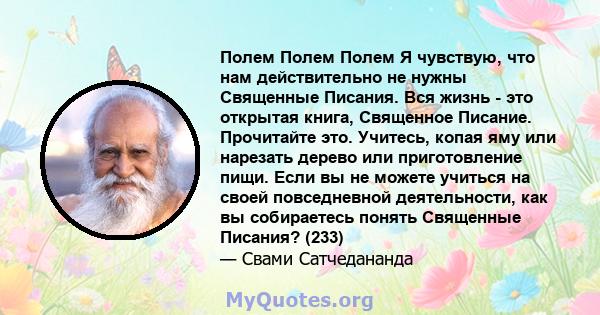 Полем Полем Полем Я чувствую, что нам действительно не нужны Священные Писания. Вся жизнь - это открытая книга, Священное Писание. Прочитайте это. Учитесь, копая яму или нарезать дерево или приготовление пищи. Если вы