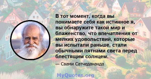 В тот момент, когда вы понимаете себя как истинное я, вы обнаружите такой мир и блаженство, что впечатления от мелких удовольствий, которые вы испытали раньше, стали обычными пятнами света перед блестящим солнцем.