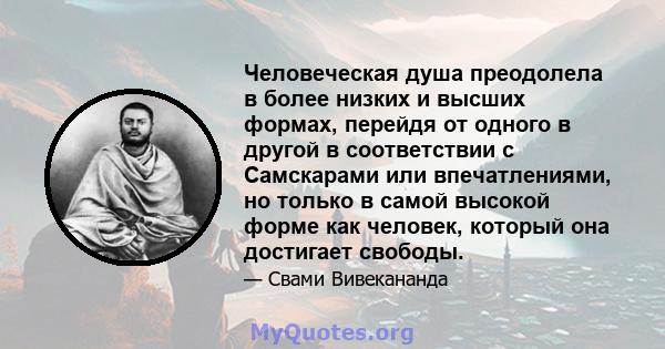 Человеческая душа преодолела в более низких и высших формах, перейдя от одного в другой в соответствии с Самскарами или впечатлениями, но только в самой высокой форме как человек, который она достигает свободы.