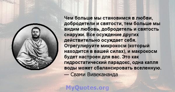 Чем больше мы становимся в любви, добродетели и святости, тем больше мы видим любовь, добродетель и святость снаружи. Все осуждение других действительно осуждает себя. Отрегулируйте микрокосм (который находится в вашей