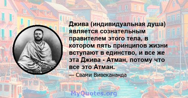 Джива (индивидуальная душа) является сознательным правителем этого тела, в котором пять принципов жизни вступают в единство, и все же эта Джива - Атман, потому что все это Атман.