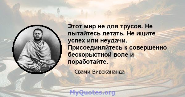 Этот мир не для трусов. Не пытайтесь летать. Не ищите успех или неудачи. Присоединяйтесь к совершенно бескорыстной воле и поработайте.