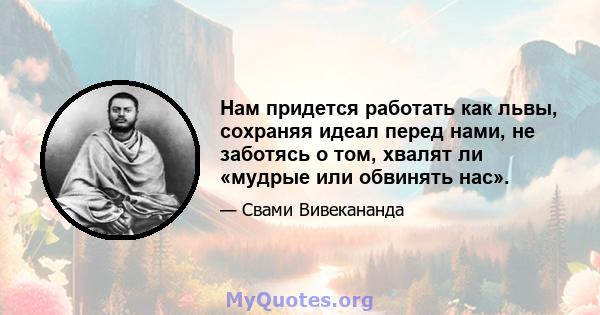 Нам придется работать как львы, сохраняя идеал перед нами, не заботясь о том, хвалят ли «мудрые или обвинять нас».