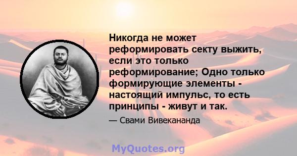 Никогда не может реформировать секту выжить, если это только реформирование; Одно только формирующие элементы - настоящий импульс, то есть принципы - живут и так.