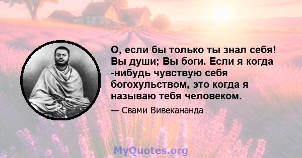 О, если бы только ты знал себя! Вы души; Вы боги. Если я когда -нибудь чувствую себя богохульством, это когда я называю тебя человеком.