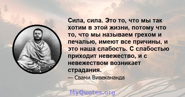 Сила, сила. Это то, что мы так хотим в этой жизни, потому что то, что мы называем грехом и печалью, имеют все причины, и это наша слабость. С слабостью приходит невежество, и с невежеством возникает страдания.