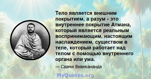 Тело является внешним покрытием, а разум - это внутреннее покрытие Атмана, который является реальным воспринимающим, настоящим наслаждением, существом в теле, который работает над телом с помощью внутреннего органа или