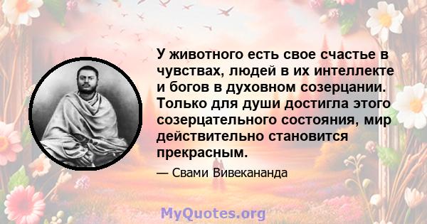 У животного есть свое счастье в чувствах, людей в их интеллекте и богов в духовном созерцании. Только для души достигла этого созерцательного состояния, мир действительно становится прекрасным.