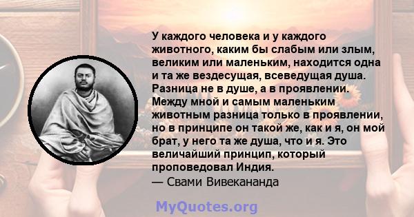 У каждого человека и у каждого животного, каким бы слабым или злым, великим или маленьким, находится одна и та же вездесущая, всеведущая душа. Разница не в душе, а в проявлении. Между мной и самым маленьким животным