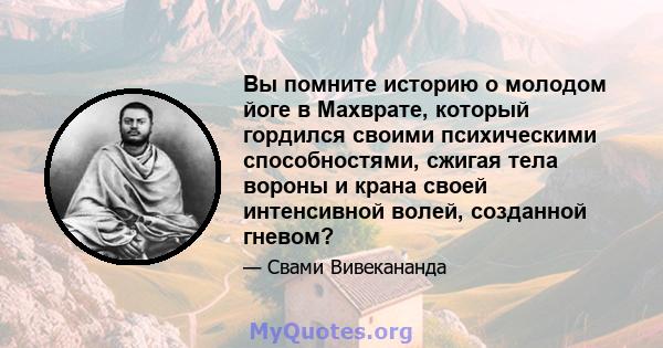 Вы помните историю о молодом йоге в Махврате, который гордился своими психическими способностями, сжигая тела вороны и крана своей интенсивной волей, созданной гневом?