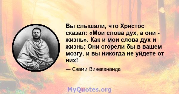 Вы слышали, что Христос сказал: «Мои слова дух, а они - жизнь». Как и мои слова дух и жизнь; Они сгорели бы в вашем мозгу, и вы никогда не уйдете от них!