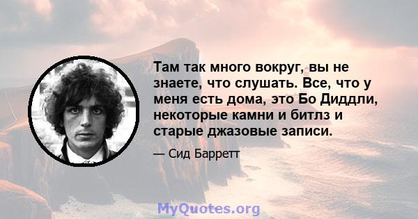 Там так много вокруг, вы не знаете, что слушать. Все, что у меня есть дома, это Бо Диддли, некоторые камни и битлз и старые джазовые записи.