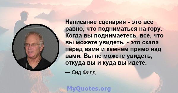 Написание сценария - это все равно, что подниматься на гору. Когда вы поднимаетесь, все, что вы можете увидеть, - это скала перед вами и камнем прямо над вами. Вы не можете увидеть, откуда вы и куда вы идете.