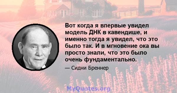 Вот когда я впервые увидел модель ДНК в кавендише, и именно тогда я увидел, что это было так. И в мгновение ока вы просто знали, что это было очень фундаментально.