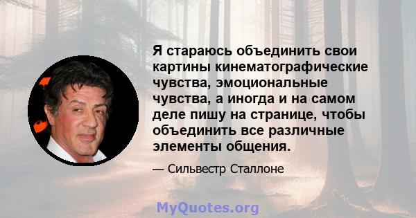 Я стараюсь объединить свои картины кинематографические чувства, эмоциональные чувства, а иногда и на самом деле пишу на странице, чтобы объединить все различные элементы общения.