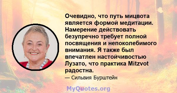 Очевидно, что путь мицвота является формой медитации. Намерение действовать безупречно требует полной посвящения и непоколебимого внимания. Я также был впечатлен настойчивостью Лузато, что практика Mitzvot радостна.