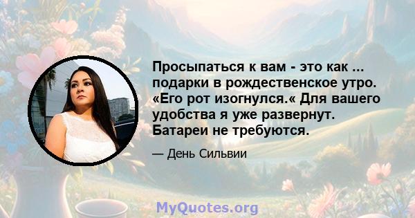 Просыпаться к вам - это как ... подарки в рождественское утро. «Его рот изогнулся.« Для вашего удобства я уже развернут. Батареи не требуются.