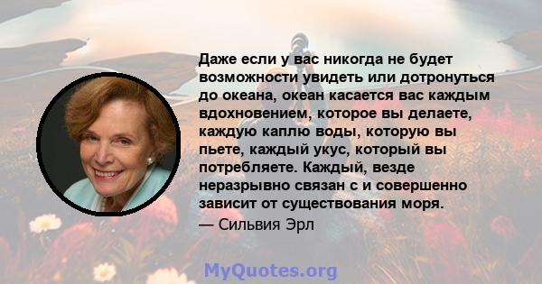 Даже если у вас никогда не будет возможности увидеть или дотронуться до океана, океан касается вас каждым вдохновением, которое вы делаете, каждую каплю воды, которую вы пьете, каждый укус, который вы потребляете.