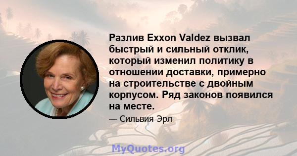 Разлив Exxon Valdez вызвал быстрый и сильный отклик, который изменил политику в отношении доставки, примерно на строительстве с двойным корпусом. Ряд законов появился на месте.