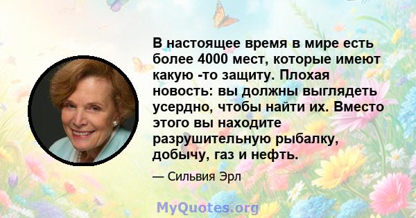 В настоящее время в мире есть более 4000 мест, которые имеют какую -то защиту. Плохая новость: вы должны выглядеть усердно, чтобы найти их. Вместо этого вы находите разрушительную рыбалку, добычу, газ и нефть.