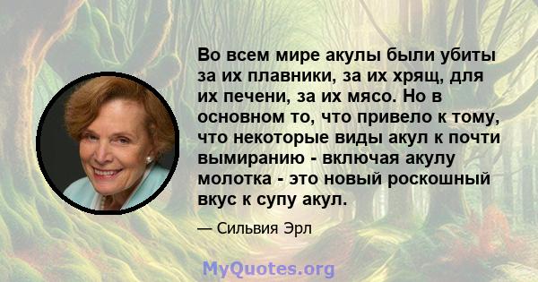 Во всем мире акулы были убиты за их плавники, за их хрящ, для их печени, за их мясо. Но в основном то, что привело к тому, что некоторые виды акул к почти вымиранию - включая акулу молотка - это новый роскошный вкус к