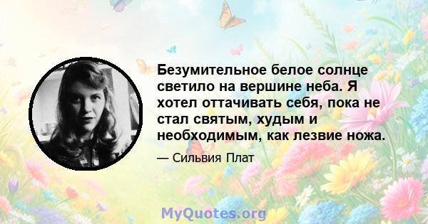 Безумительное белое солнце светило на вершине неба. Я хотел оттачивать себя, пока не стал святым, худым и необходимым, как лезвие ножа.