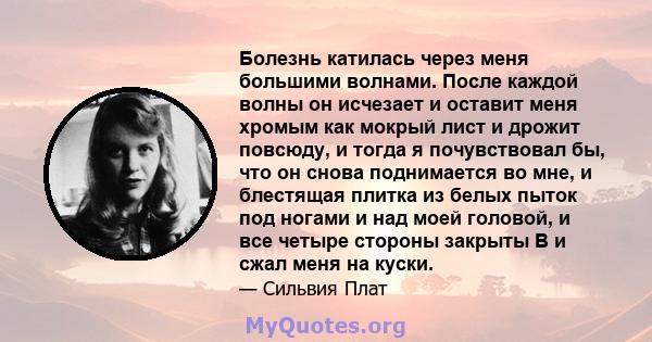 Болезнь катилась через меня большими волнами. После каждой волны он исчезает и оставит меня хромым как мокрый лист и дрожит повсюду, и тогда я почувствовал бы, что он снова поднимается во мне, и блестящая плитка из