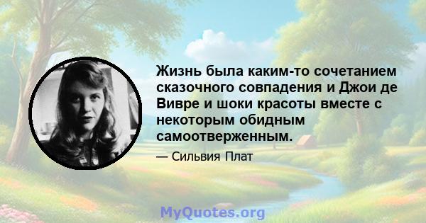 Жизнь была каким-то сочетанием сказочного совпадения и Джои де Вивре и шоки красоты вместе с некоторым обидным самоотверженным.