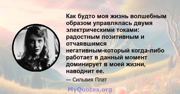 Как будто моя жизнь волшебным образом управлялась двумя электрическими токами: радостным позитивным и отчаявшимся негативным-который когда-либо работает в данный момент доминирует в моей жизни, наводнит ее.