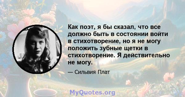 Как поэт, я бы сказал, что все должно быть в состоянии войти в стихотворение, но я не могу положить зубные щетки в стихотворение. Я действительно не могу.