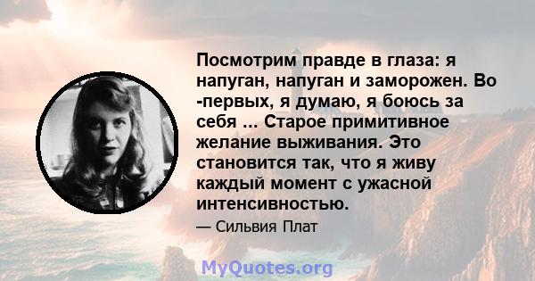 Посмотрим правде в глаза: я напуган, напуган и заморожен. Во -первых, я думаю, я боюсь за себя ... Старое примитивное желание выживания. Это становится так, что я живу каждый момент с ужасной интенсивностью.