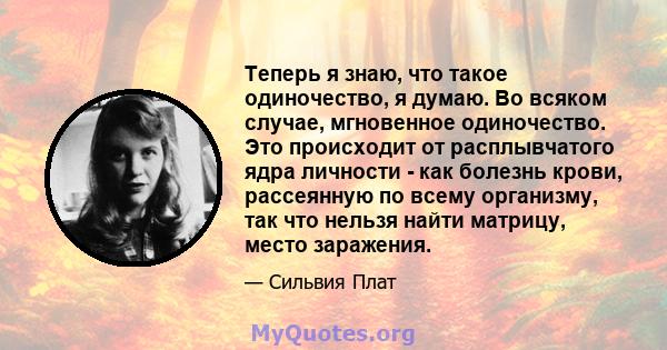 Теперь я знаю, что такое одиночество, я думаю. Во всяком случае, мгновенное одиночество. Это происходит от расплывчатого ядра личности - как болезнь крови, рассеянную по всему организму, так что нельзя найти матрицу,