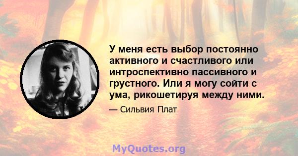 У меня есть выбор постоянно активного и счастливого или интроспективно пассивного и грустного. Или я могу сойти с ума, рикошетируя между ними.