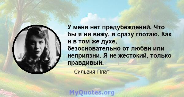 У меня нет предубеждений. Что бы я ни вижу, я сразу глотаю. Как и в том же духе, безосновательно от любви или неприязни. Я не жестокий, только правдивый.