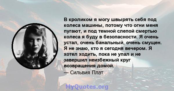 В кроликом я могу швырять себя под колеса машины, потому что огни меня пугают, и под темной слепой смертью колеса я буду в безопасности. Я очень устал, очень банальный, очень смущен. Я не знаю, кто я сегодня вечером. Я