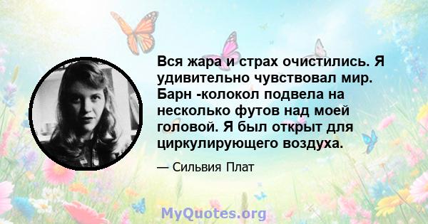 Вся жара и страх очистились. Я удивительно чувствовал мир. Барн -колокол подвела на несколько футов над моей головой. Я был открыт для циркулирующего воздуха.