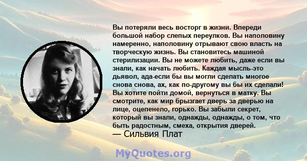 Вы потеряли весь восторг в жизни. Впереди большой набор слепых переулков. Вы наполовину намеренно, наполовину отрывают свою власть на творческую жизнь. Вы становитесь машиной стерилизации. Вы не можете любить, даже если 