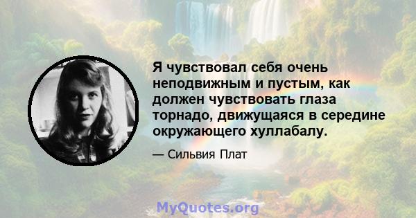 Я чувствовал себя очень неподвижным и пустым, как должен чувствовать глаза торнадо, движущаяся в середине окружающего хуллабалу.