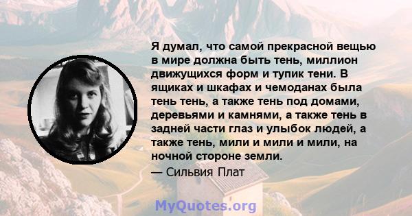 Я думал, что самой прекрасной вещью в мире должна быть тень, миллион движущихся форм и тупик тени. В ящиках и шкафах и чемоданах была тень тень, а также тень под домами, деревьями и камнями, а также тень в задней части