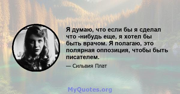 Я думаю, что если бы я сделал что -нибудь еще, я хотел бы быть врачом. Я полагаю, это полярная оппозиция, чтобы быть писателем.