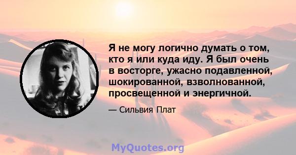 Я не могу логично думать о том, кто я или куда иду. Я был очень в восторге, ужасно подавленной, шокированной, взволнованной, просвещенной и энергичной.