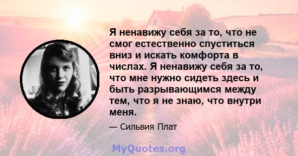 Я ненавижу себя за то, что не смог естественно спуститься вниз и искать комфорта в числах. Я ненавижу себя за то, что мне нужно сидеть здесь и быть разрывающимся между тем, что я не знаю, что внутри меня.