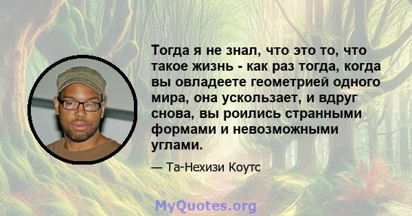 Тогда я не знал, что это то, что такое жизнь - как раз тогда, когда вы овладеете геометрией одного мира, она ускользает, и вдруг снова, вы роились странными формами и невозможными углами.