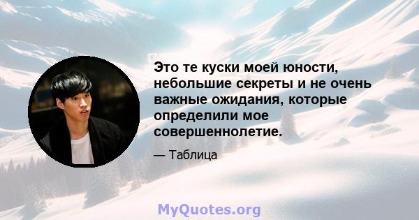 Это те куски моей юности, небольшие секреты и не очень важные ожидания, которые определили мое совершеннолетие.