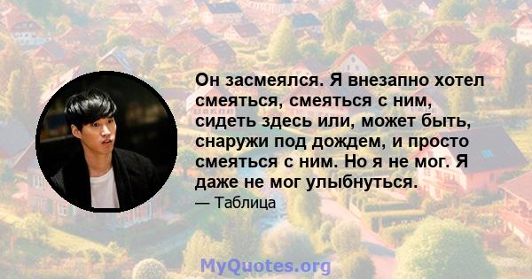 Он засмеялся. Я внезапно хотел смеяться, смеяться с ним, сидеть здесь или, может быть, снаружи под дождем, и просто смеяться с ним. Но я не мог. Я даже не мог улыбнуться.