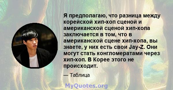 Я предполагаю, что разница между корейской хип-хоп сценой и американской сценой хип-хопа заключается в том, что в американской сцене хип-хопа, вы знаете, у них есть свои Jay-Z. Они могут стать конгломератами через