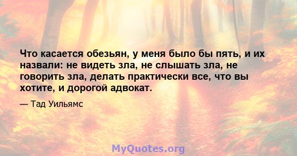 Что касается обезьян, у меня было бы пять, и их назвали: не видеть зла, не слышать зла, не говорить зла, делать практически все, что вы хотите, и дорогой адвокат.