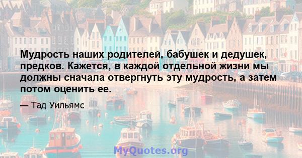 Мудрость наших родителей, бабушек и дедушек, предков. Кажется, в каждой отдельной жизни мы должны сначала отвергнуть эту мудрость, а затем потом оценить ее.